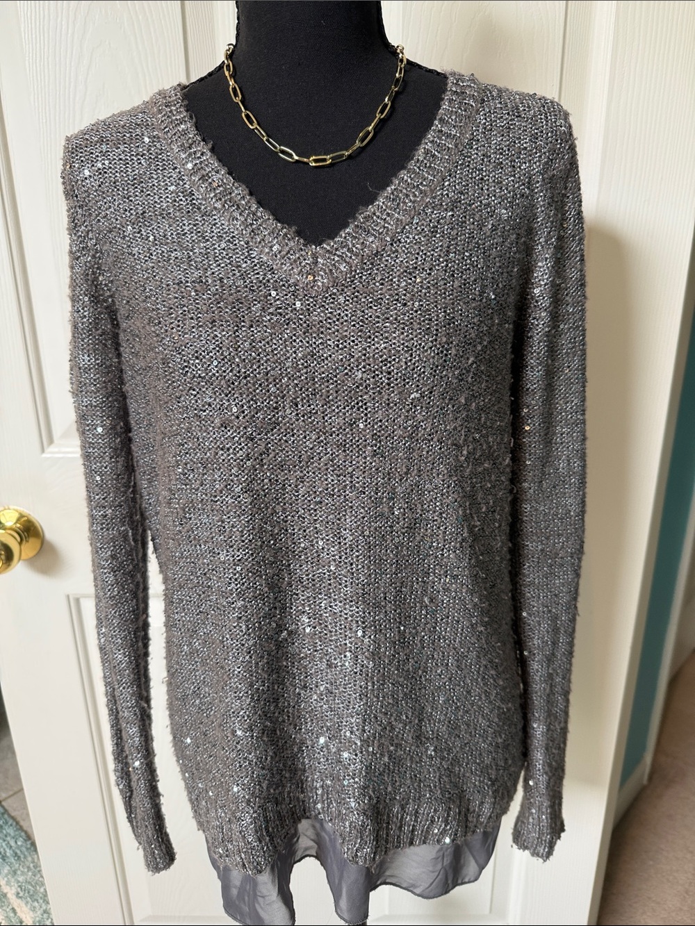 The Limited Shimmer V-Neck Sweater in Gray
